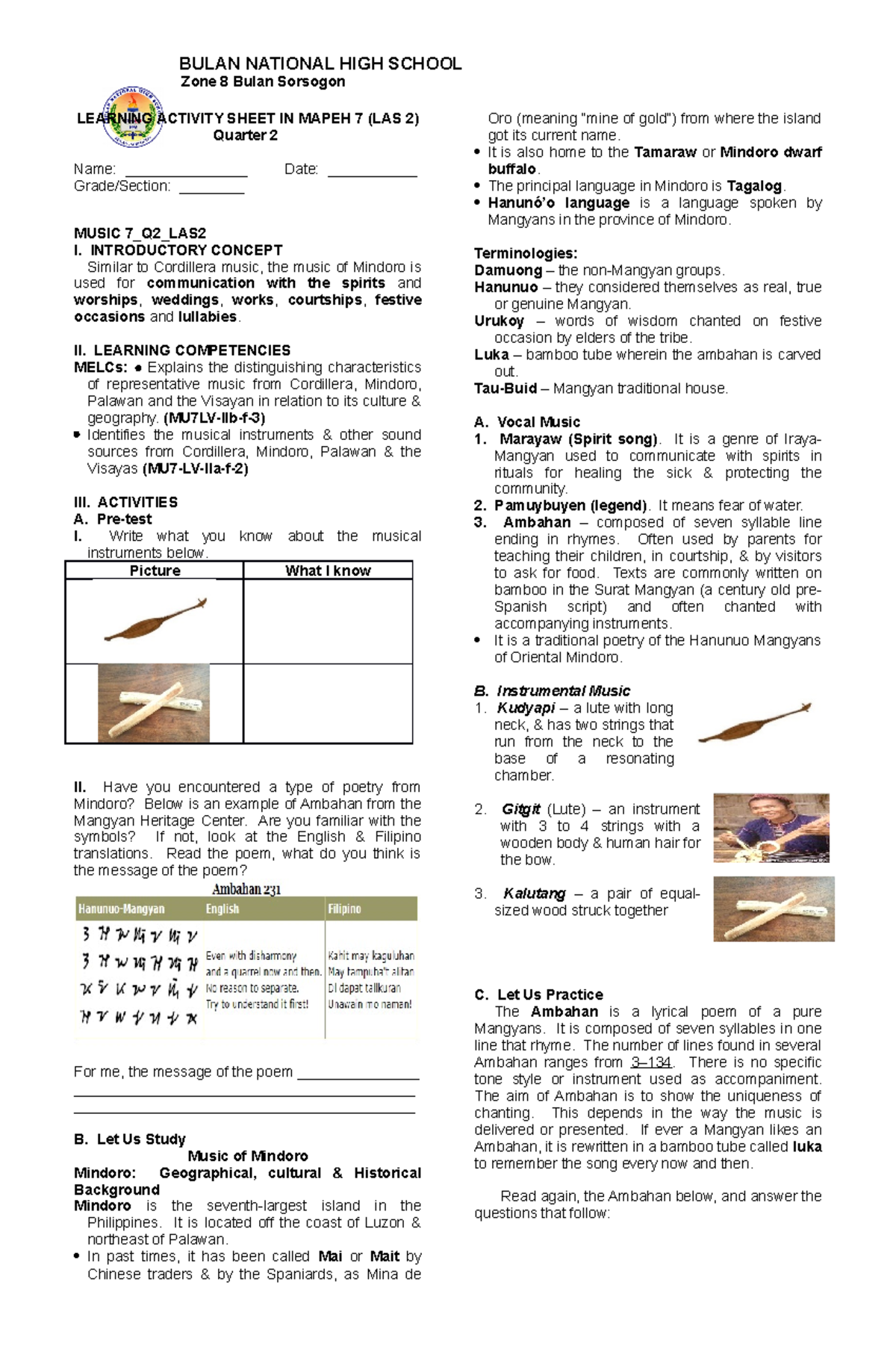 Mapeh 7-Q2-LAS 2 - Zone 8 Bulan Sorsogon LEARNING ACTIVITY SHEET IN ...