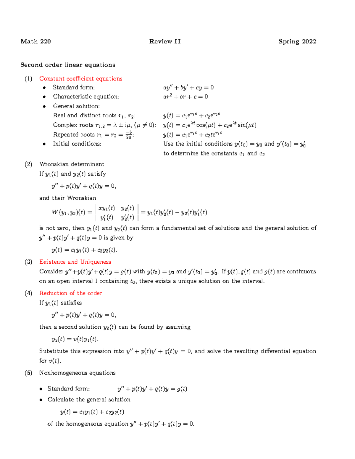Review 2 - Math 220 Review II Spring 2022 Second order linear equations ...