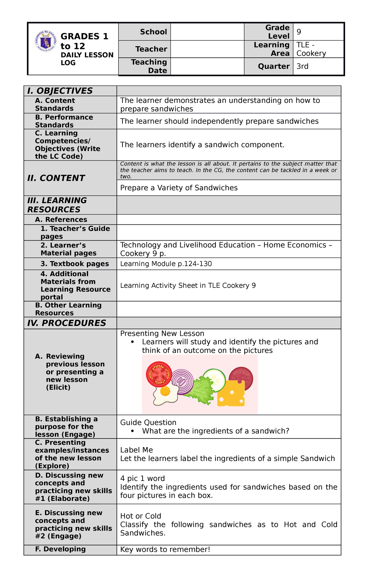 DLL Sandwich Copy Daily Lesson Plan Classroom Observation 