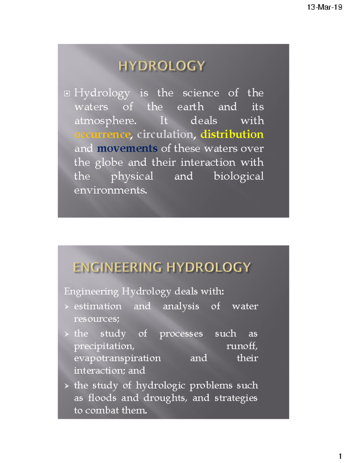 Engineering Hydrology Lecture 1 2 - Hydrology And Water Resources - CUI ...