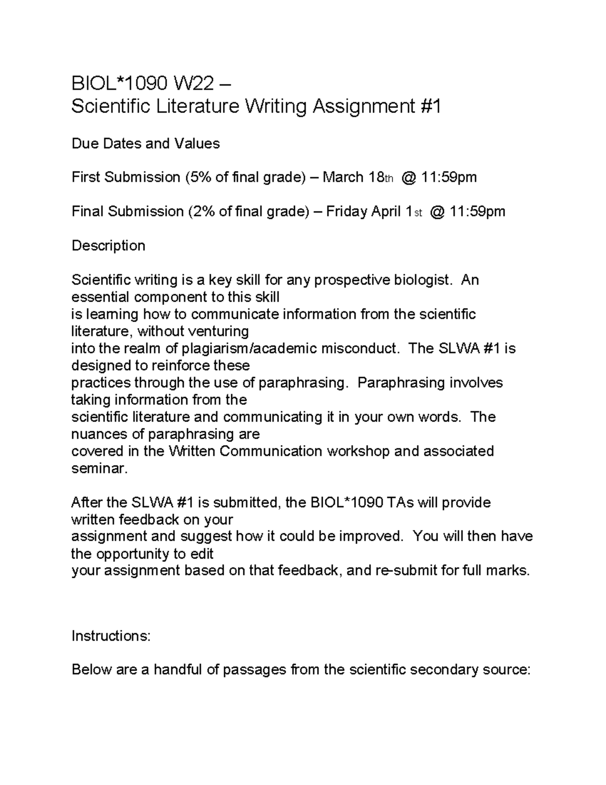 Biol 1090 Scientific assignment 1 - BIOL*1090 W22 – Scientific ...