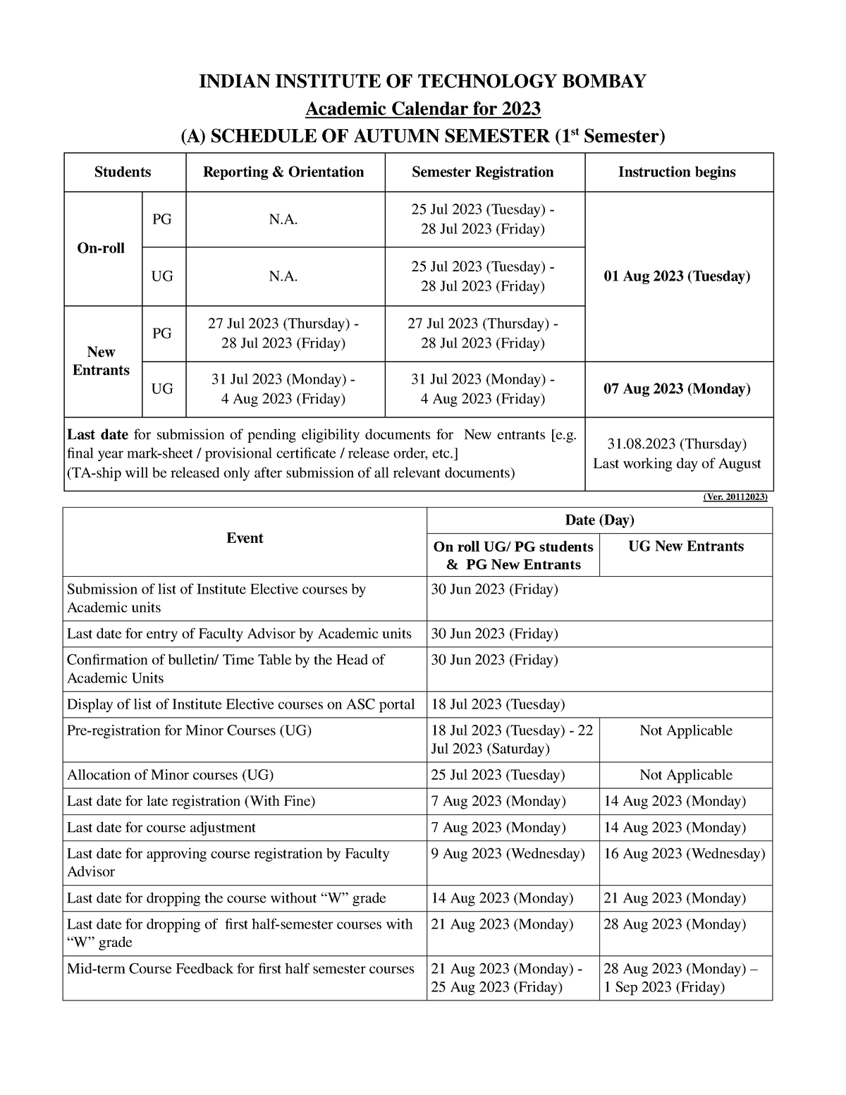 Final Academic Calendar 202324 INDIAN INSTITUTE OF TECHNOLOGY BOMBAY