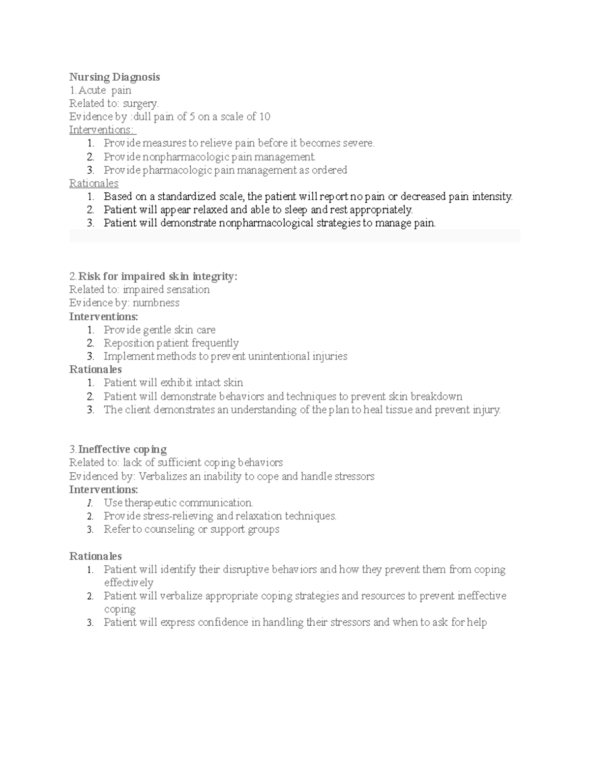 Pain care plan - care plan - Nursing Diagnosis 1 pain Related to ...