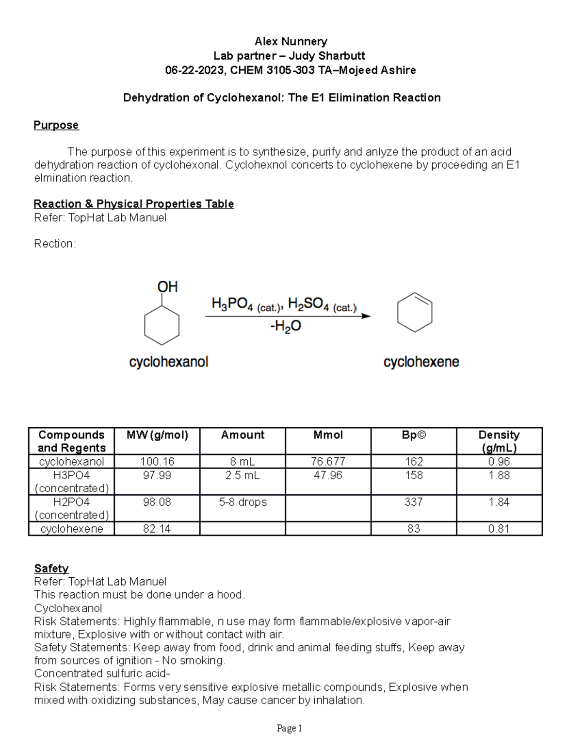 OChem 3105Exp10 - Lab report - Alex Nunnery Lab partner – Judy Sharbutt ...
