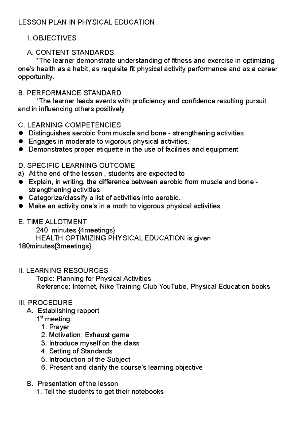 Lesson PLAN IN Physical Education 1 quarter - LESSON PLAN IN PHYSICAL ...