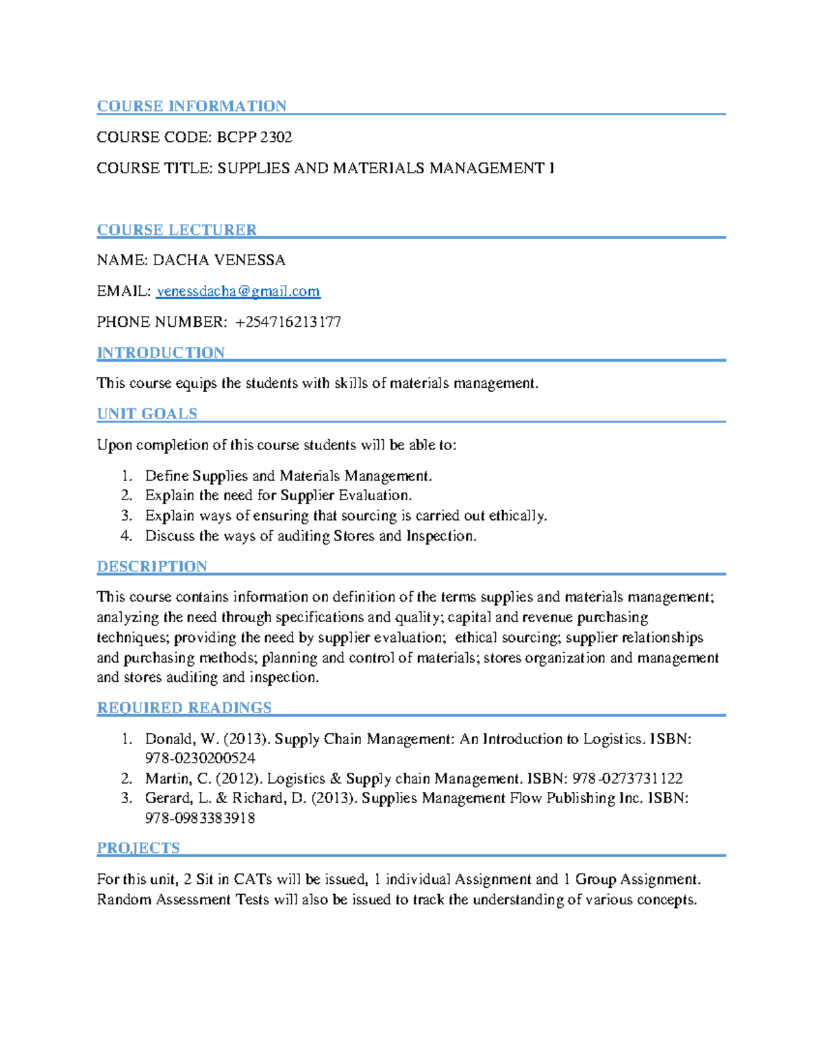 BCPP 2302 Supplies AND Materials Management I COURSE INFORMATION