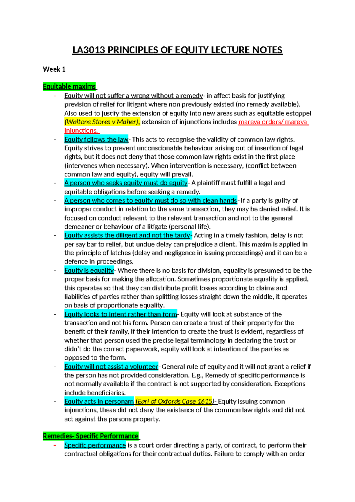LA3013 Principles OF Equity Notes - LA3013 PRINCIPLES OF EQUITY LECTURE ...