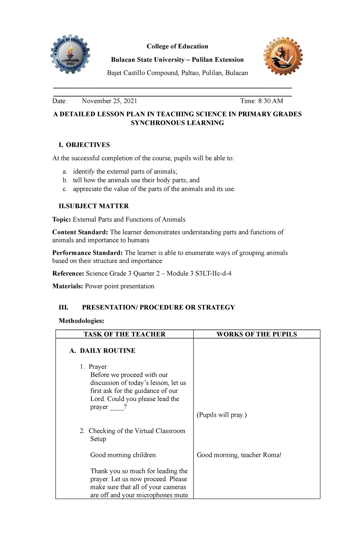 Roma M Cabingao Lesson Plan On External Parts Of Animals College 