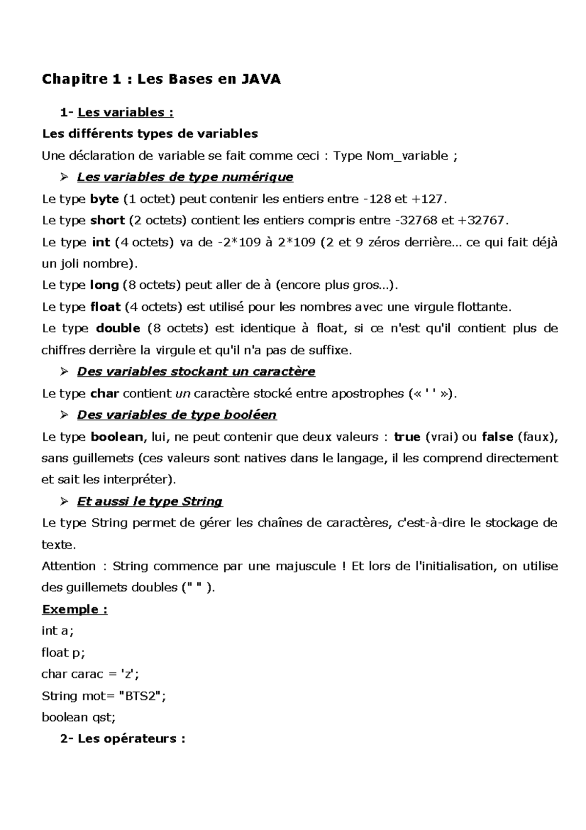 Cours POO JAVA - POO Java - Chapitre 1 : Les Bases en JAVA 1- Les ...