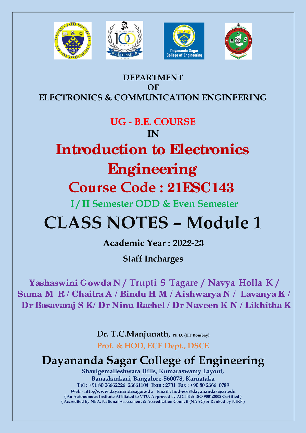 Combined First Module 22ESC143 - DEPARTMENT OF ELECTRONICS ...