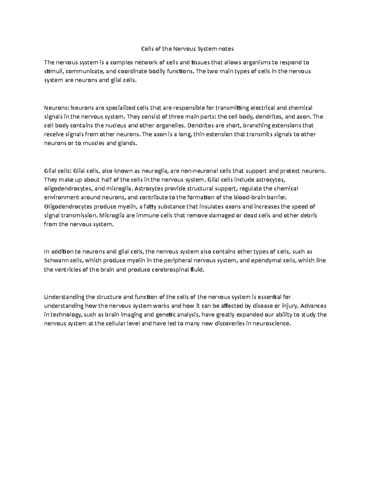 Cells of the Nervous System notes - The two main types of cells in the ...