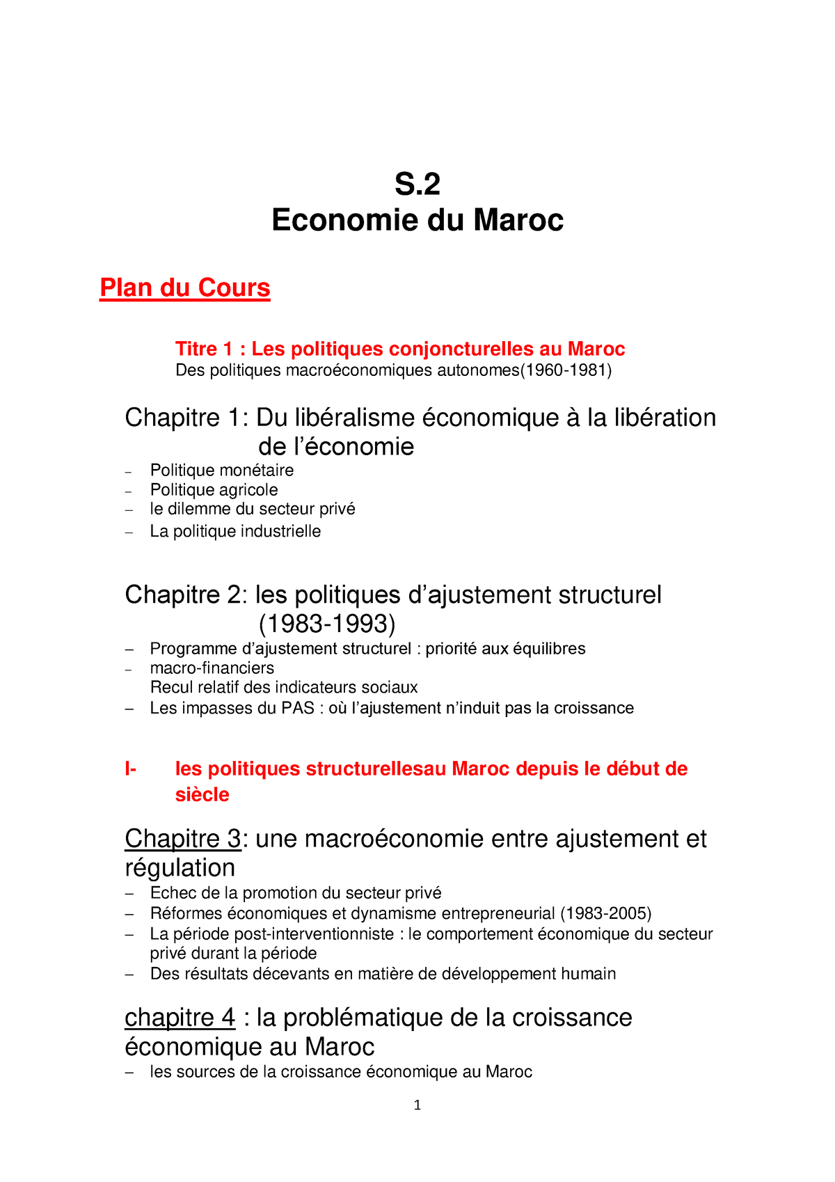 Eco Maroc CH 1 - S. Economie Du Maroc Plan Du Cours Titre 1 : Les ...