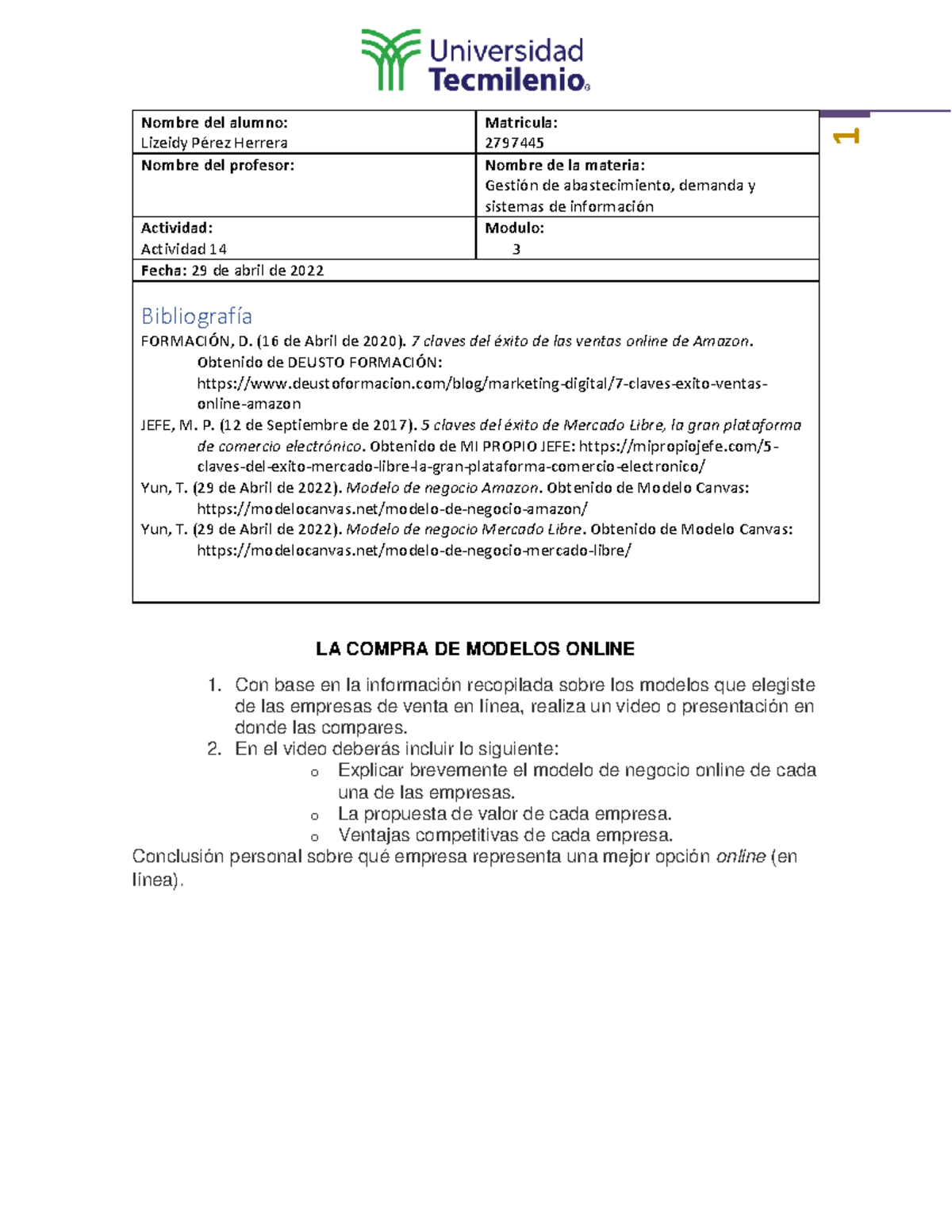 ACT.14 (GESTION DE ABASTECIMIENTO) - 1 Nombre Del Alumno: Lizeidy Pérez ...