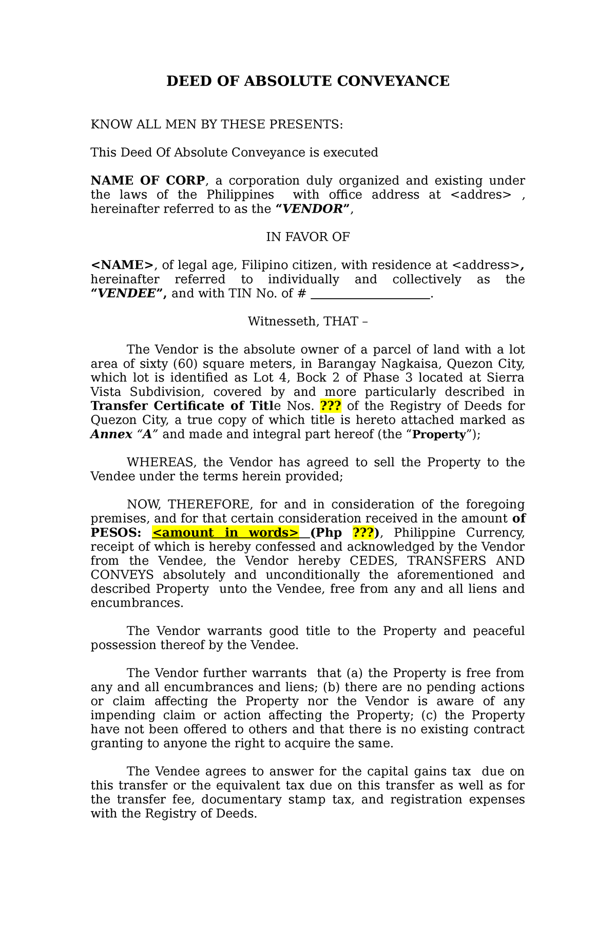 Deed Of Absolute Conveyance Template Deed Of Absolute Conveyance Know All Men By These 