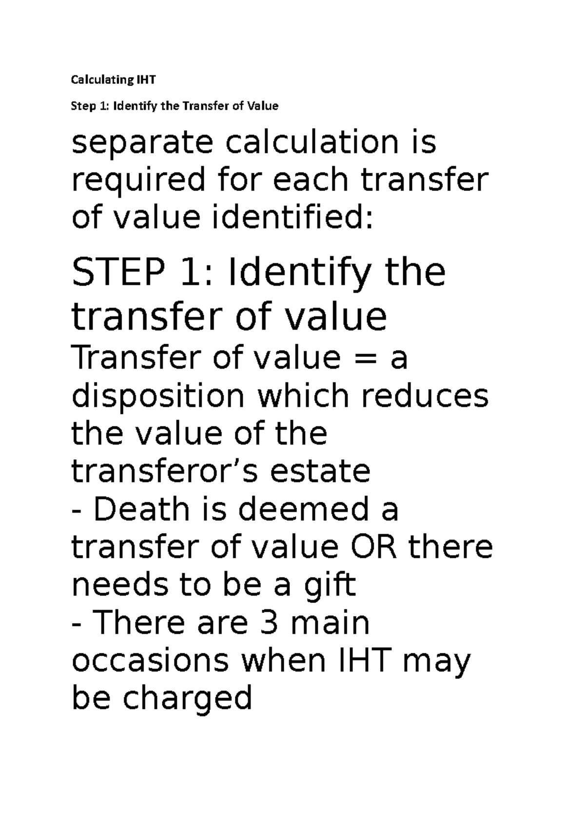 IHT Template - IHT - Calculating IHT Step 1: Identify the Transfer of ...