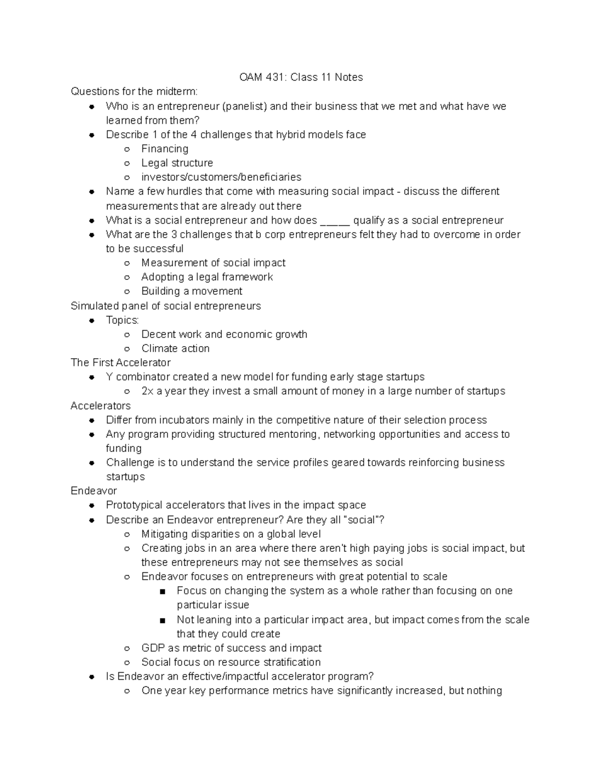 OAM 431 Class 11 Notes - OAM 431: Class 11 Notes Questions for the ...