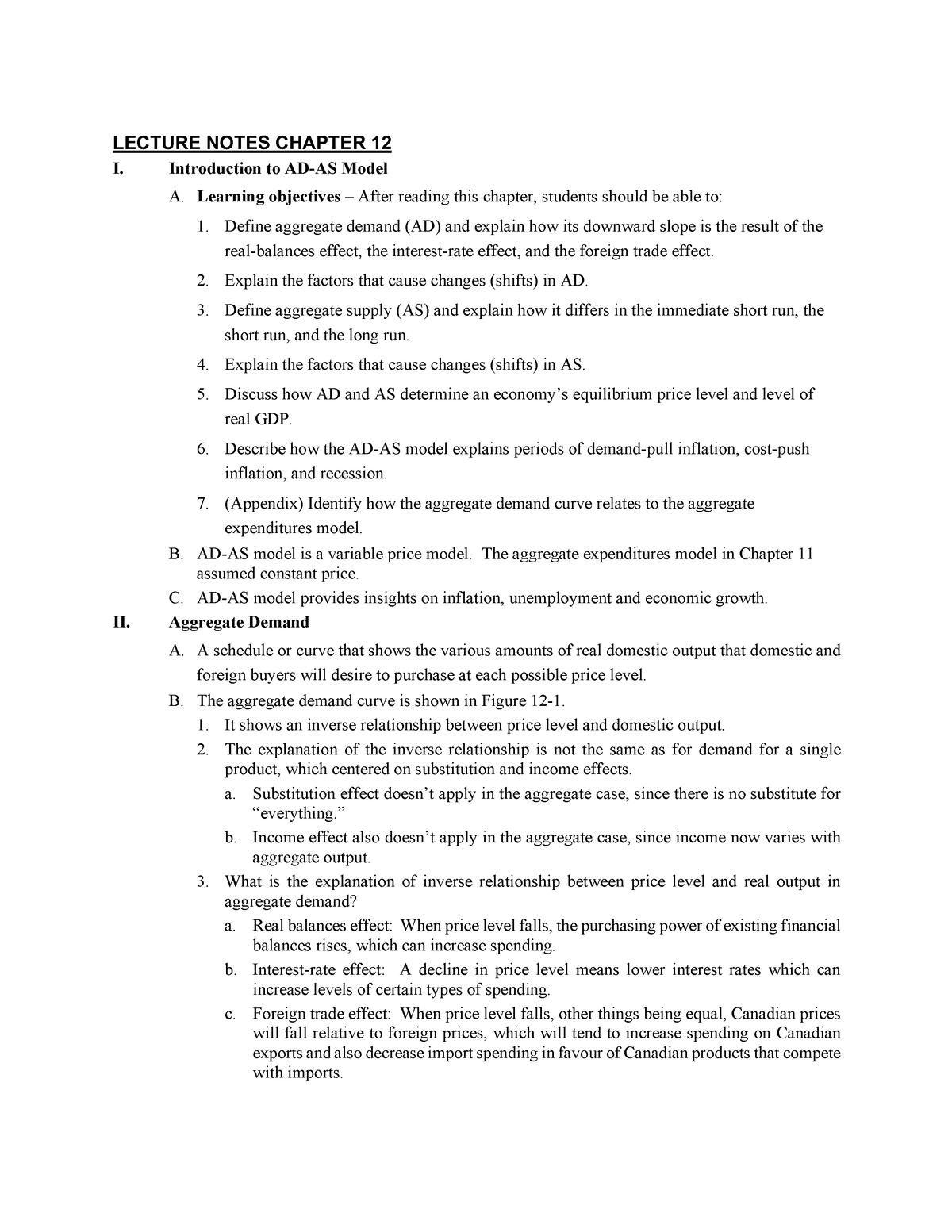 Lecture Notes Macro Chapter 12 Lecture Notes Chapter 12 I Introduction To Ad As Model A 5637