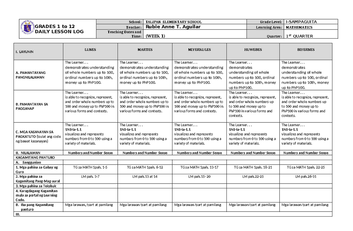 DLL Mathematics 1 Q1 W1 - GRADES 1 to 12 DAILY LESSON LOG School ...