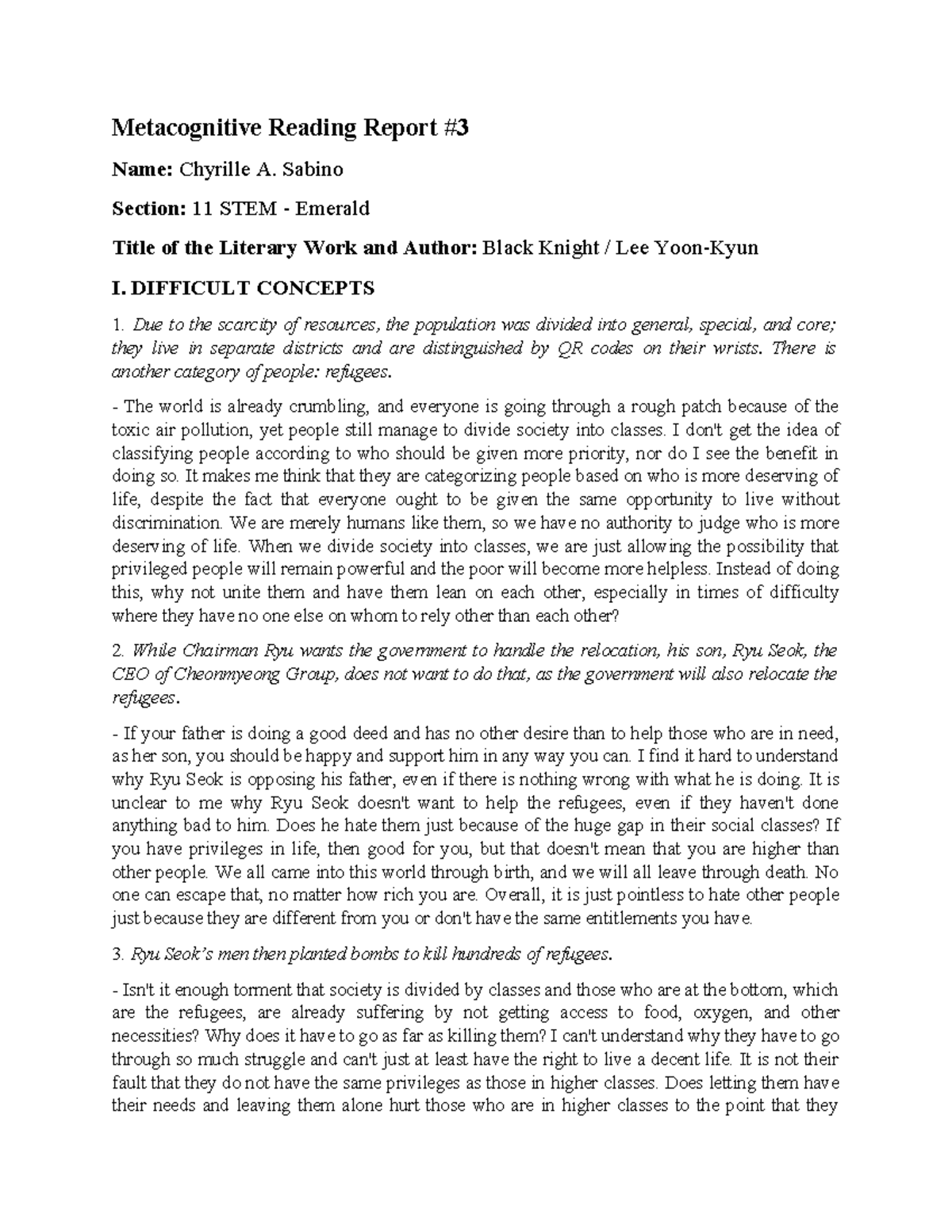 Black Knight MRR - Metacognitive Reading Report Name: Chyrille A ...