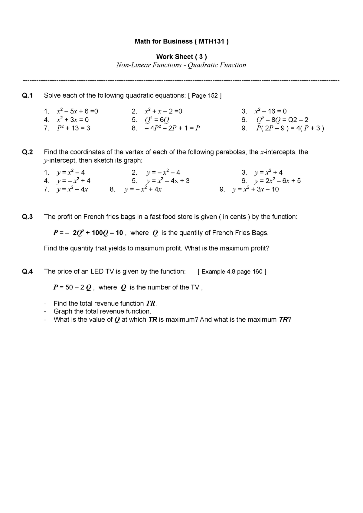 Work Sheet 03 Chapter 3 Math For Business Mth131 Work Sheet 3 Non Linear Functions Studocu