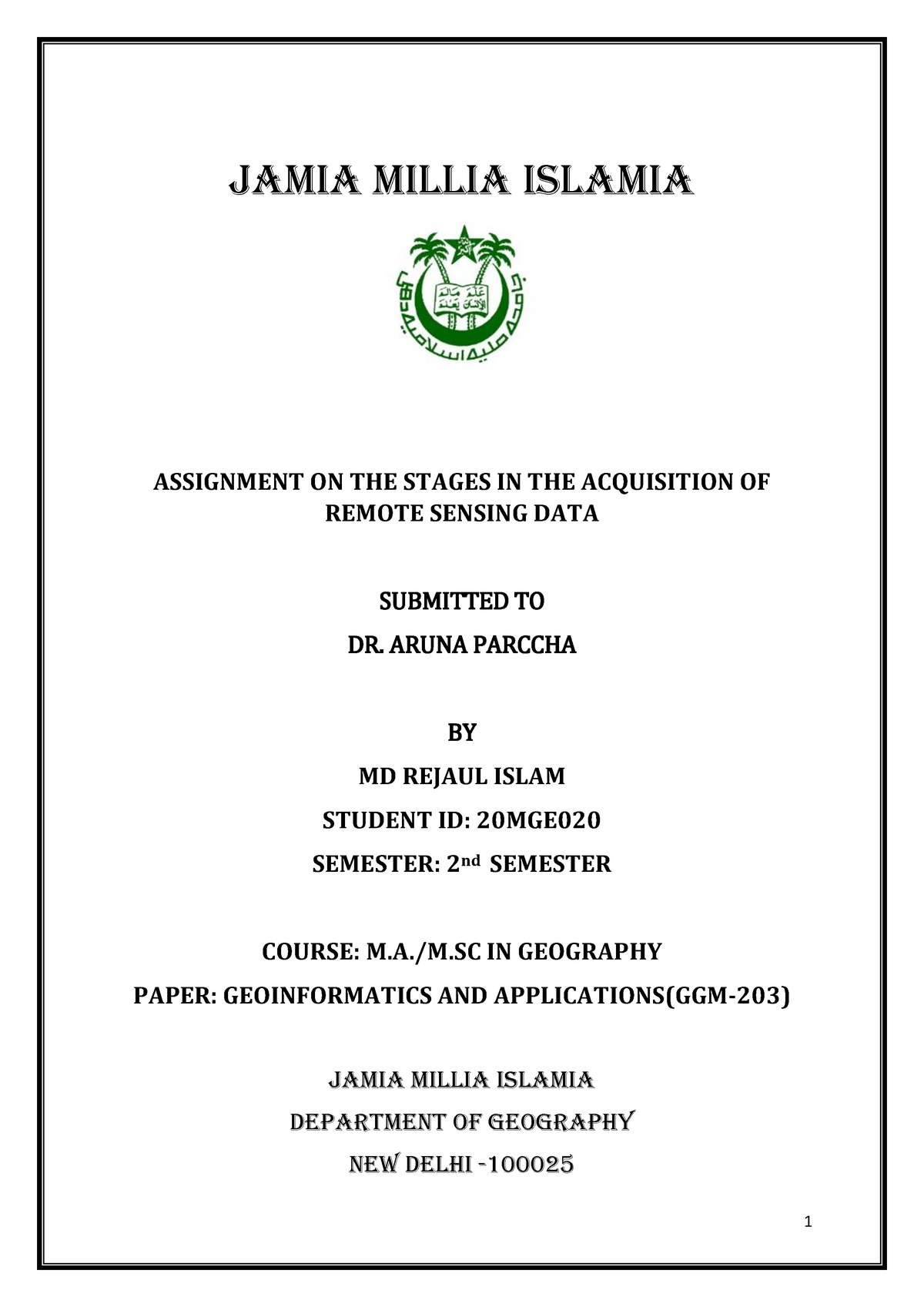 islamia college assignment cover page