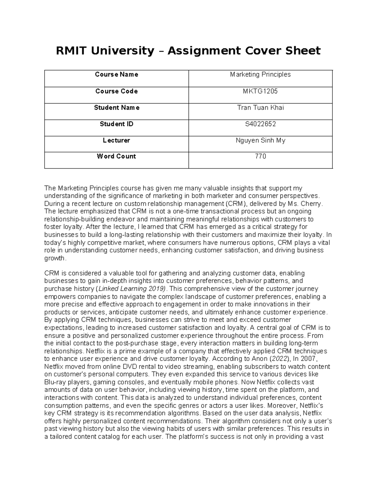 assigment 1 marketing principle RMIT University Assignment Cover Sheet Course Name Marketing