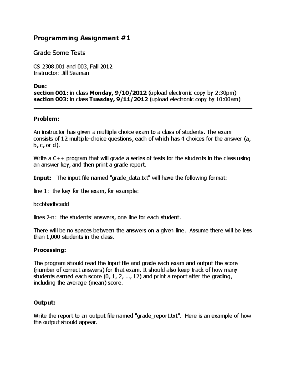 Assignment 1 - Programming Assignment Grade Some Tests CS 2308 and 003 ...