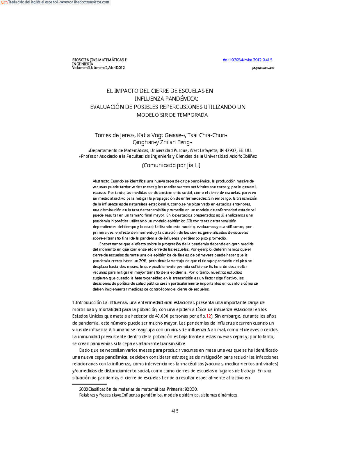2012 Towers SIR School closure influenza - BIOSCIENCIAS MATEMÁTICAS E ...