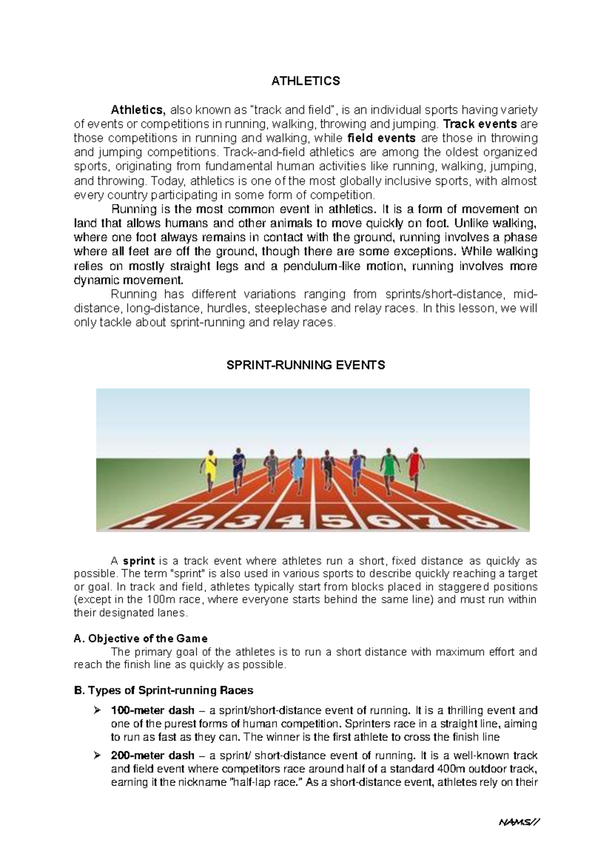 Handouts Athletics' - ATHLETICS Athletics, also known as “track and ...