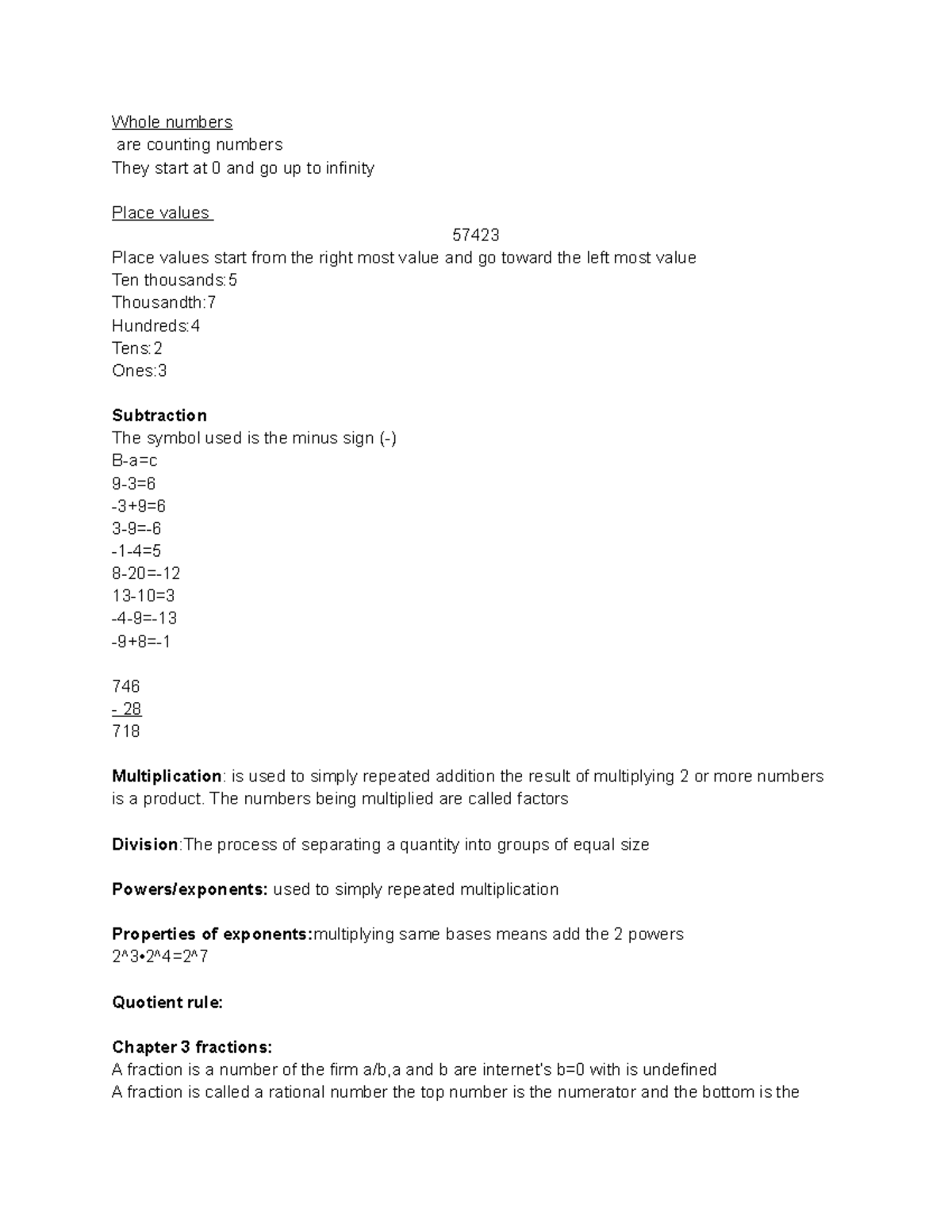 Math 001 Notes - Prof. Malek Deib - Whole numbers are counting numbers ...