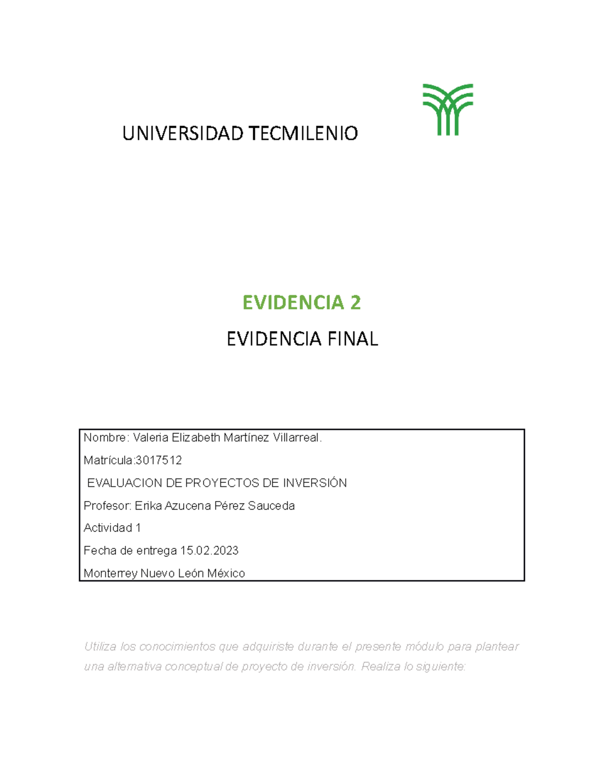 Evidencia final evaluacion de proyectos - UNIVERSIDAD TECMILENIO ...