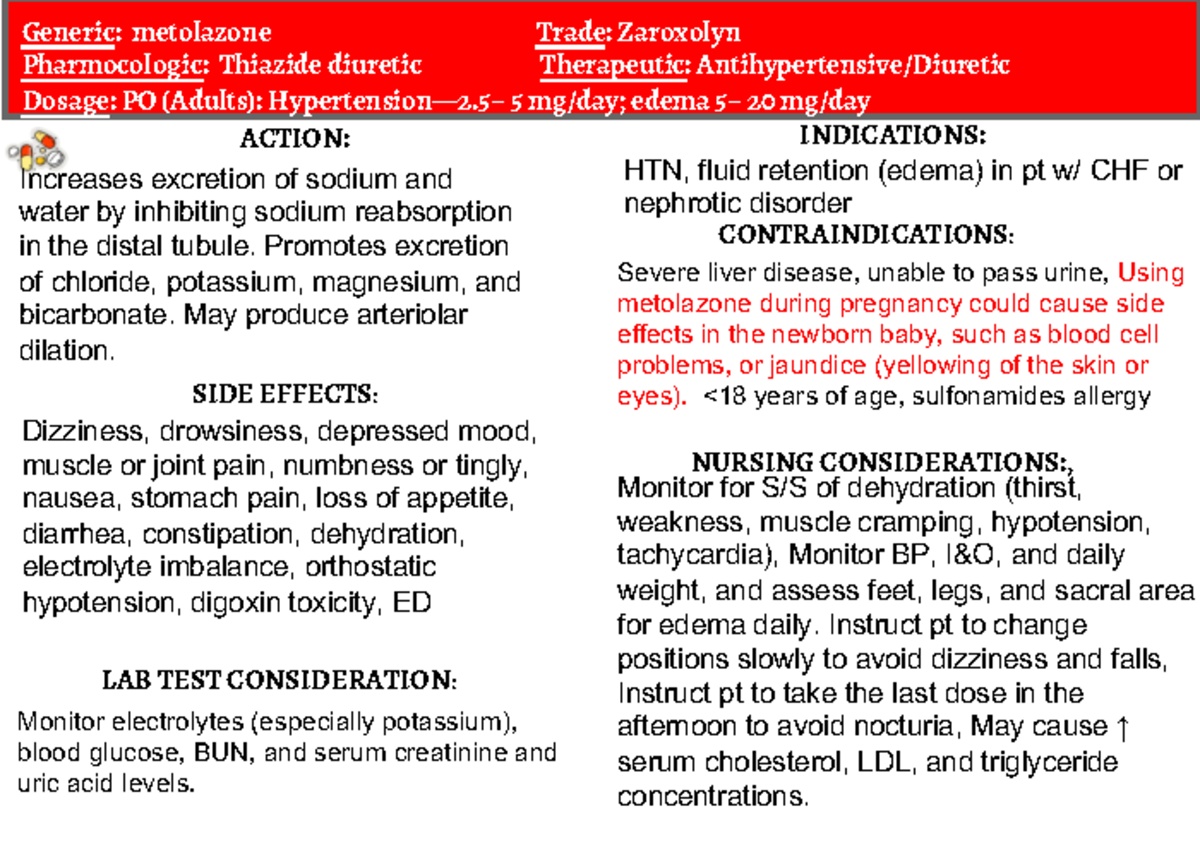 18) Drug Cards - Generic: metolazone Trade: Zaroxolyn Pharmocologic:  Thiazide diuretic Therapeutic: - Studocu