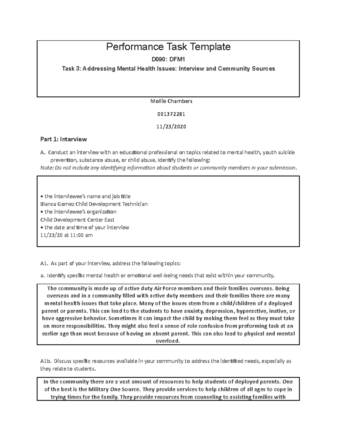 D090 - Task 3 COMMUNITY OF CARE - Performance Task Template D090: DFM1 ...