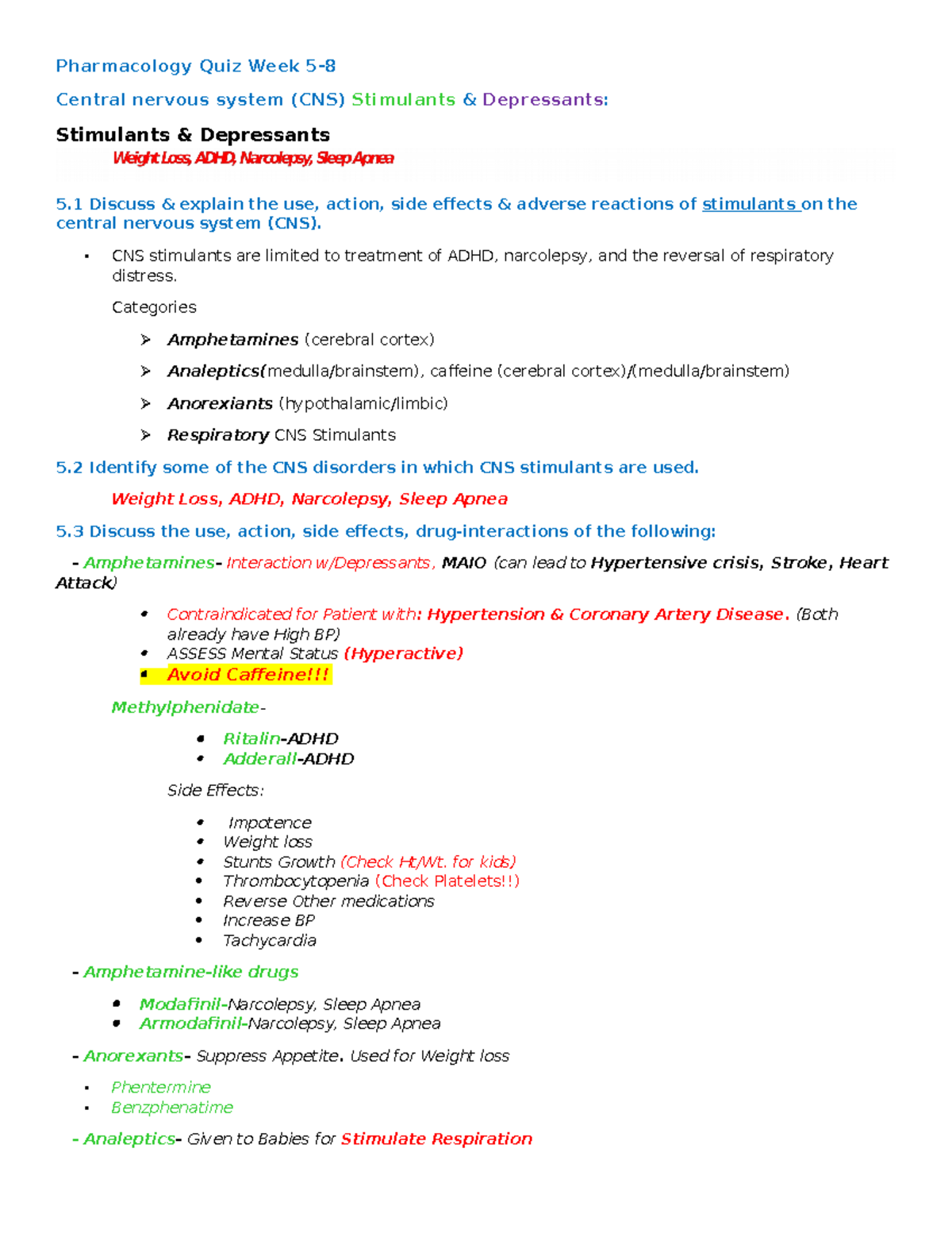 Pharmacology Quiz Week 5 6 7 8 - Pharmacology Quiz Week 5- Central ...