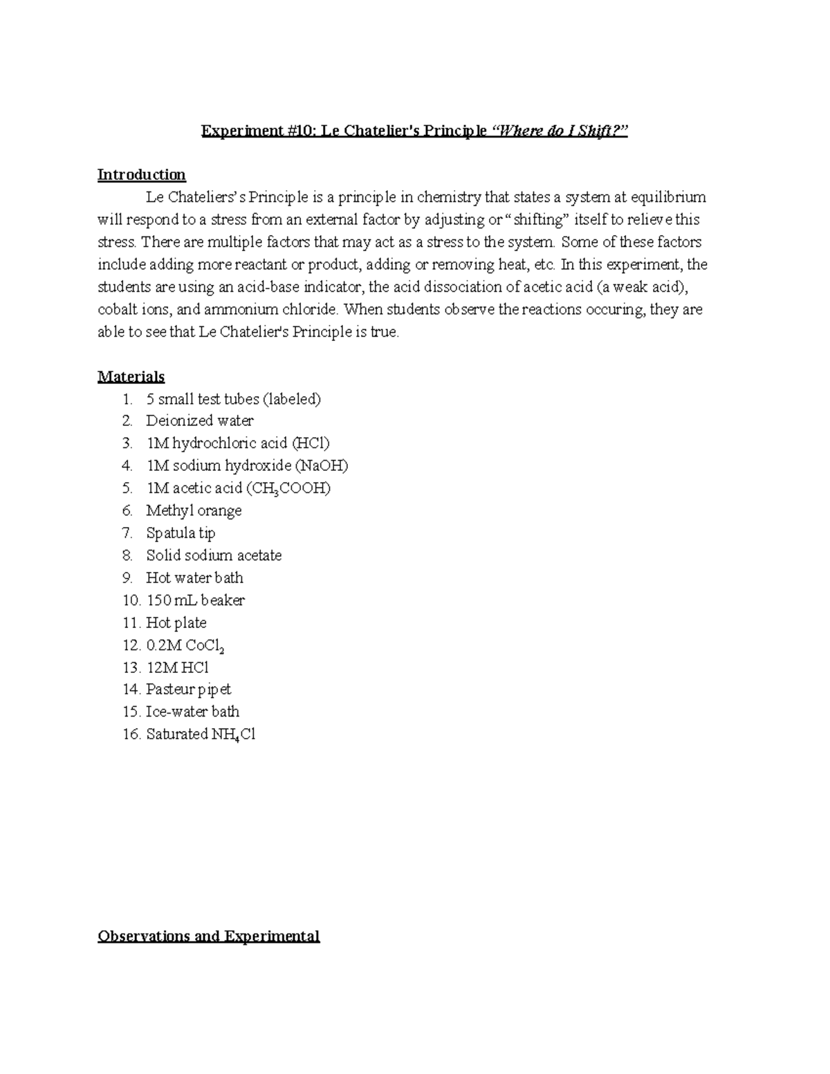 Chem 106 lab report 10 Experiment 10 Le Chatelier's Principle