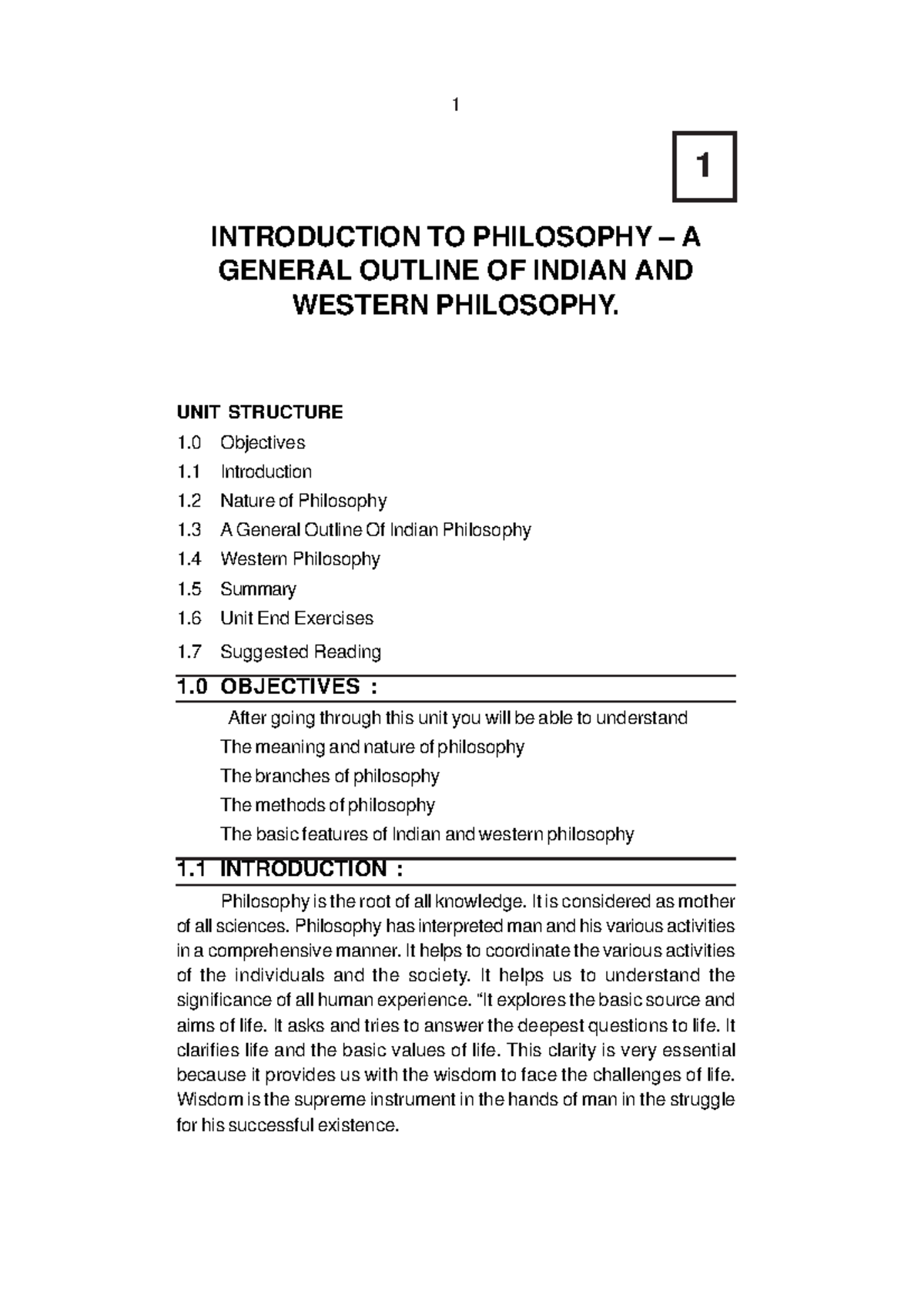 Introduction TO Philosophy - UNIT STRUCTURE 1 Objectives 1 Introduction ...