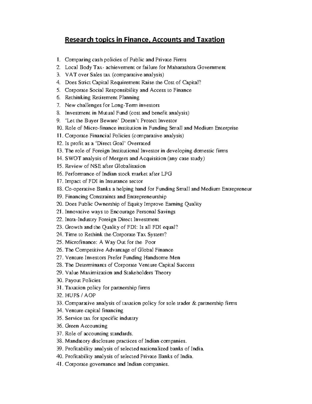 Topic list - mumbai university - Research topics in Finance, Accounts ...