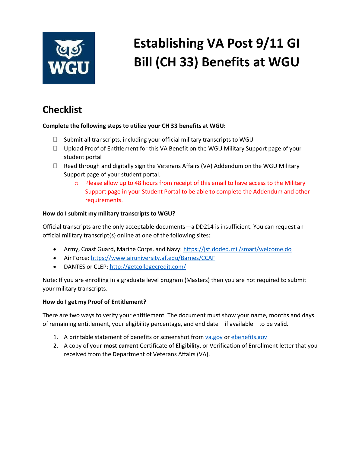 Establishing Your VA Post 911 Benefits at WGU Checklist Checklist
