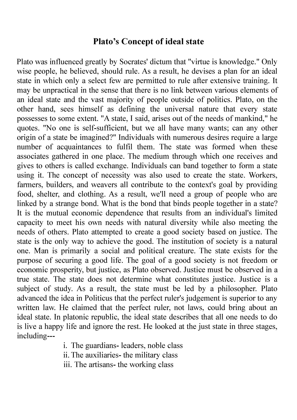 essay on plato's ideal state