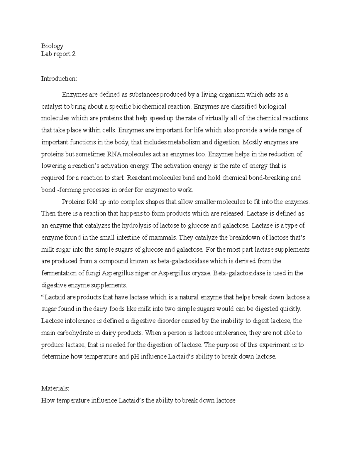 Lab report2 Enzymes lab assignments Biology Lab report 2