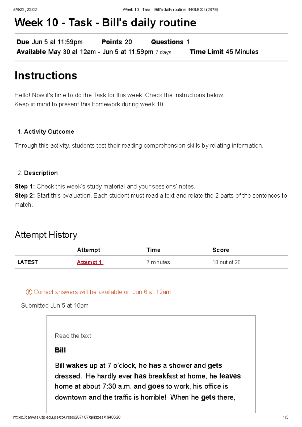 Week 10 Task Bill's daily routine Ingles I (2679) 5/6/22, 2202