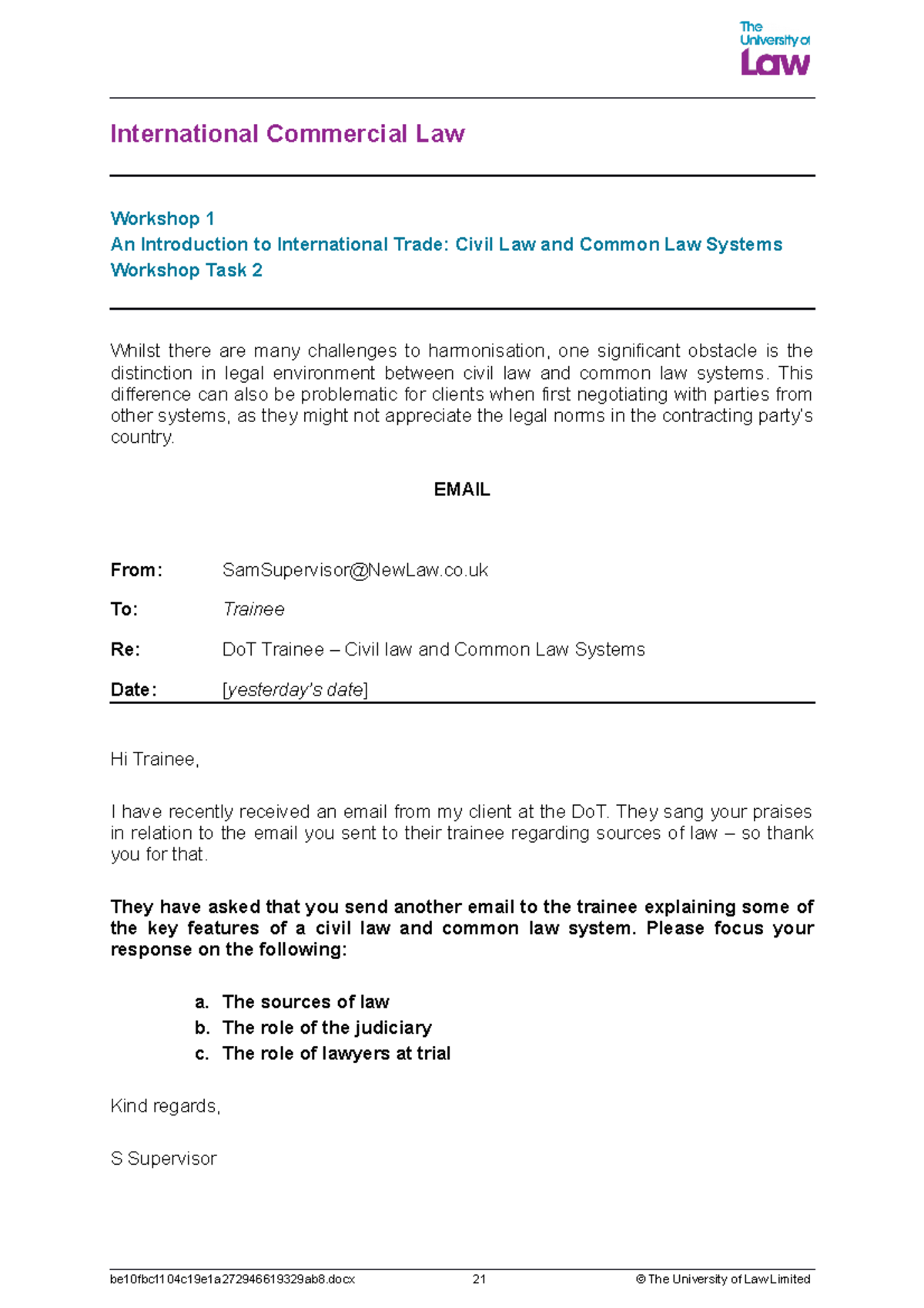 Workshop Task 2 - International Commercial Law - International ...