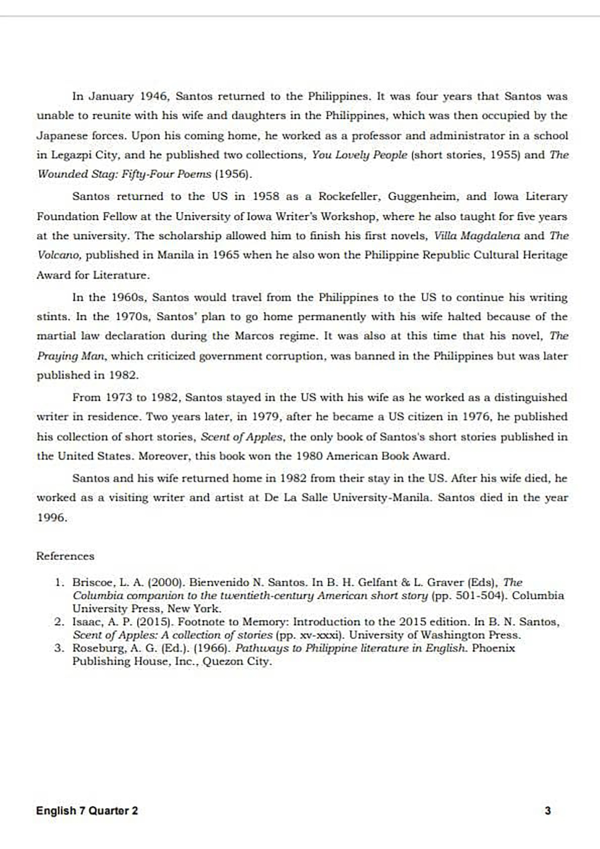 Eng2 - Lecture3 - In January 1946, Santos returned to the Philippines ...