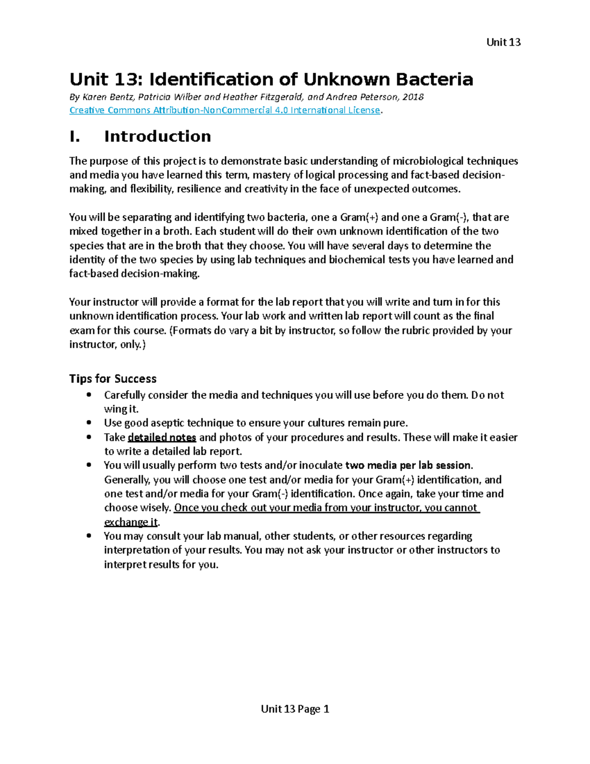 Unit 13 Identification of Unknown Bacteria CNA formatted 4-23-18 - Unit ...
