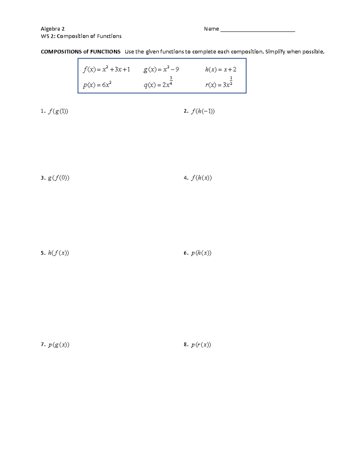 WS 2 Composition of Functions - Algebra 2 Name ...