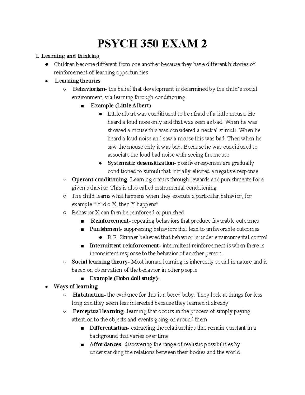 Pscyh 350 EXAM 2 - Summary of the first half of the material on exam 2 ...