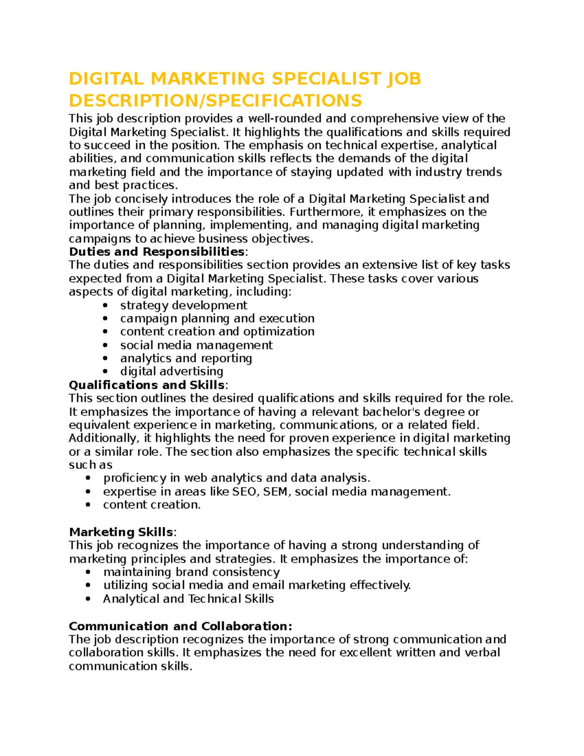 HRMGroup 3 assignment DIGITAL MARKETING SPECIALIST JOB DESCRIPTION