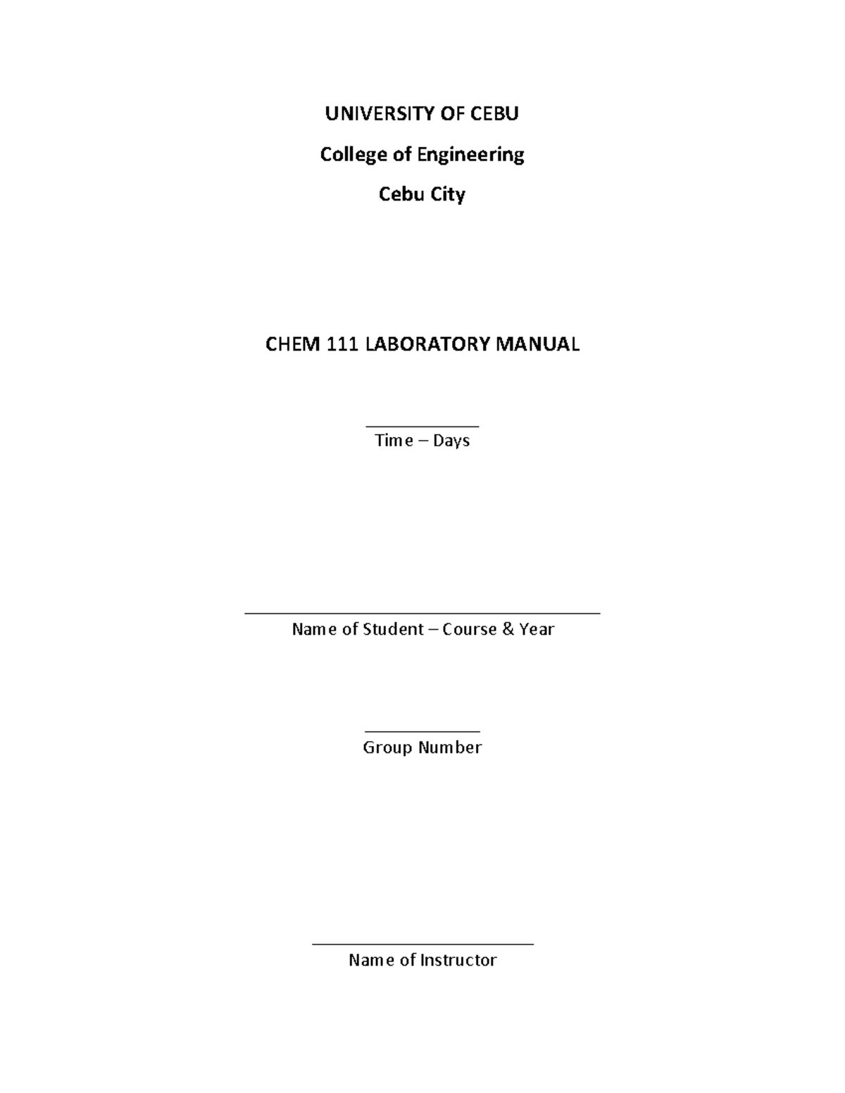 CHEM 111 Laboratory Manual UNIVERSITY OF CEBU College of Engineering