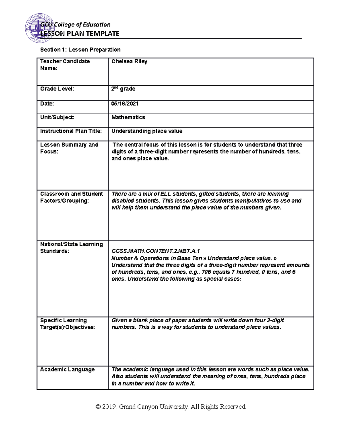 Week 5 lesson plan - LESSON PLAN TEMPLATE Section 1: Lesson Preparation ...