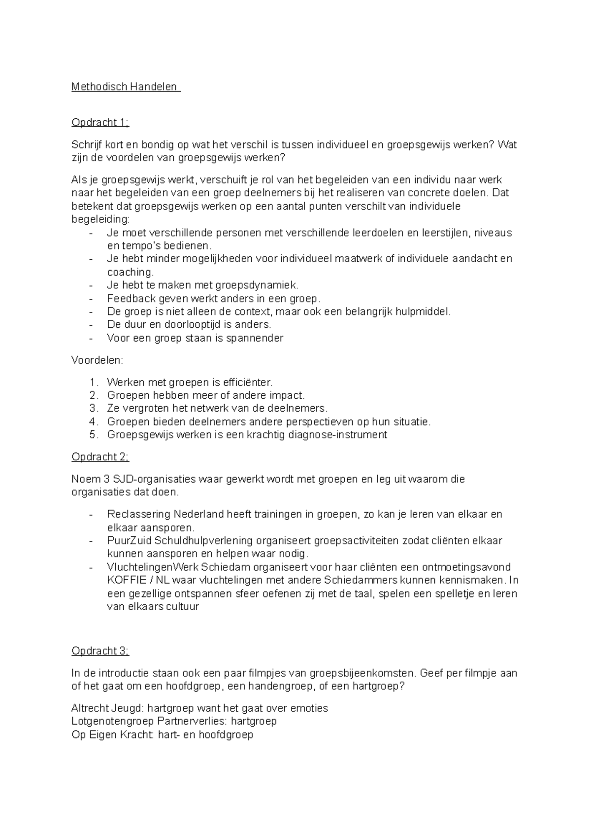 Methodisch Handelen SJD - Methodisch Handelen Opdracht 1; Schrijf kort ...